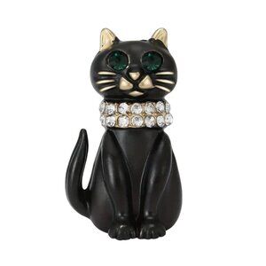 Black Cat Enamel Brooch Pin With Rhinestone Collar & Green Eyes